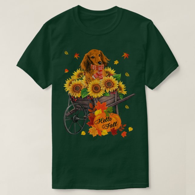 Hej Fall Dachshund-Hund in Sunblommor Löv Autu T Shirt (Design framsida)