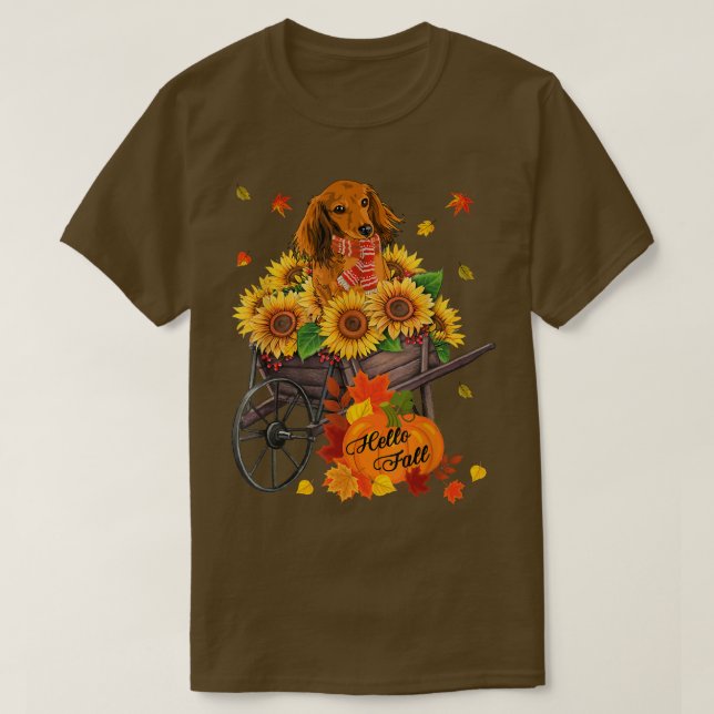 Hej Fall Dachshund-Hund in Sunblommor Löv Autu T Shirt (Design framsida)