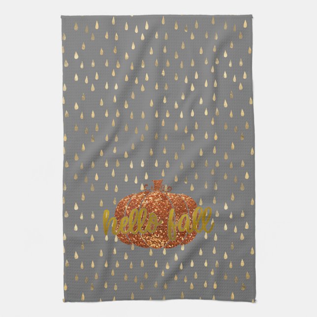 Hej Fall Glitter Pumpkin + Metallic Guld & Grått Kökshandduk (Vertikal)