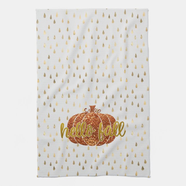 Hej Fall Glitter Pumpkin + Metallic Guld & White Kökshandduk (Vertikal)