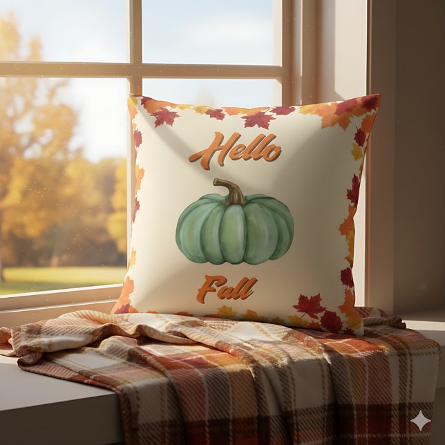 Hej Fall - Grönt hos lantbrukare Pumpkin Mysigt De Kudde (Hello Fall pillow with colorful leaves - perfect rustic accent for autumn home)