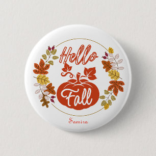 Hej Fall Höst löv Pumpkin Thanksgiving Namn Knapp