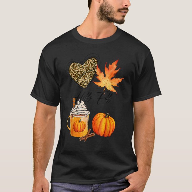 Hej Fall Leopard Heart Pumpkin Höst löv Tha T Shirt (Framsida)