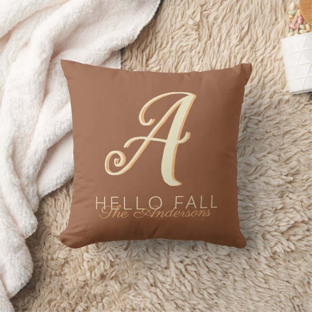 Hej Fall Modern Monogram Namn Orange Brown Kudde (Filt)