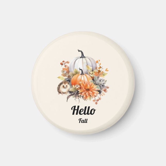 Hej Fall-Pastel Pumpkin och Hedgehog Autumn Magnet (Framsidan)