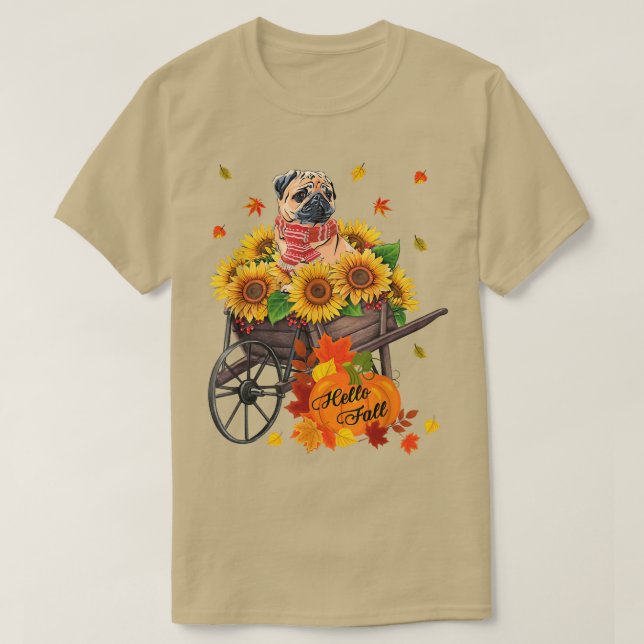 Hej Fall Pug-Hund i solblommor Löv Autumn Pug T Shirt (Design framsida)