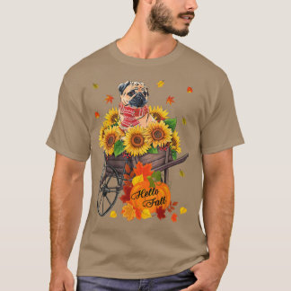 Hej Fall Pug-Hund i solblommor Löv Autumn Pug T Shirt