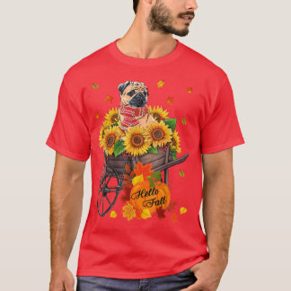 Hej Fall Pug-Hund i solblommor Löv Autumn Pug T Shirt