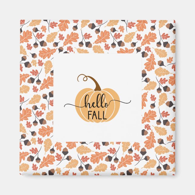 Hej Fall Pumpkin med Höst löv Ram Magnet (Framsidan)