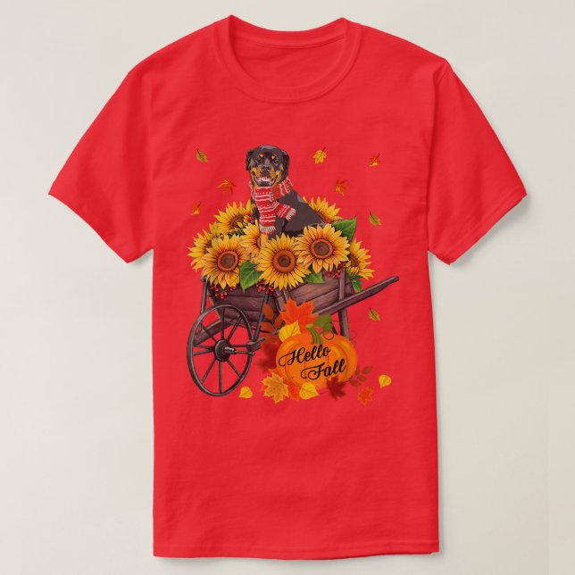 Hej Fall Rottweiler-Hund i solblommor Löv Aut T Shirt (Design framsida)