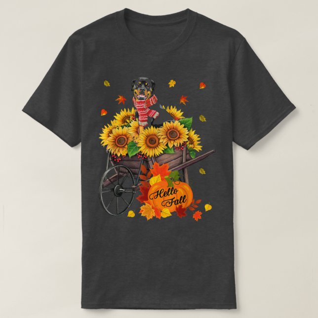 Hej Fall Rottweiler-Hund i solblommor Löv Aut T Shirt (Design framsida)