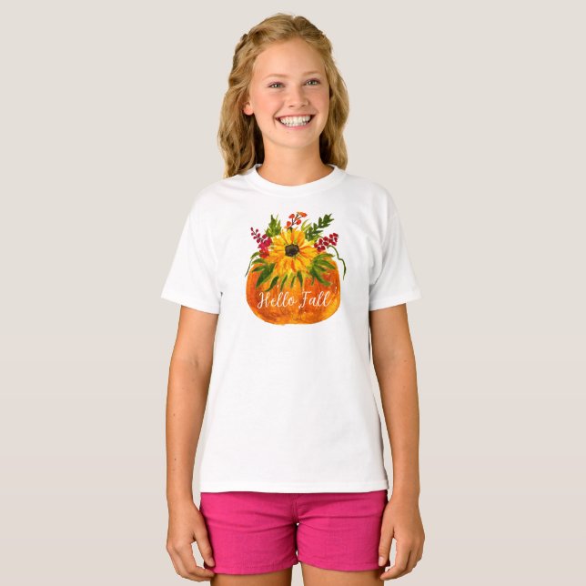 Hej Fall Sunblommor Pumpkin Autumn Rustic T Shirt (Hel framsida)