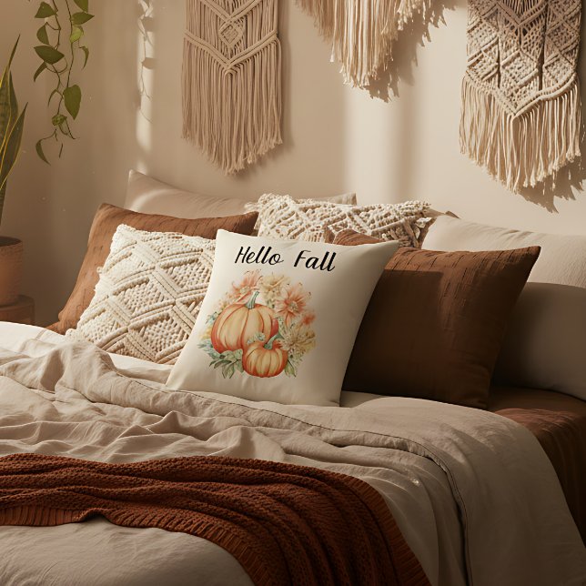 Hej Fall Watercolor Farmhouse Autumn Pumpkins Kudde (Autumn pumpkin pillow farmhouse style. Fall decor pillow soft and stylish.)