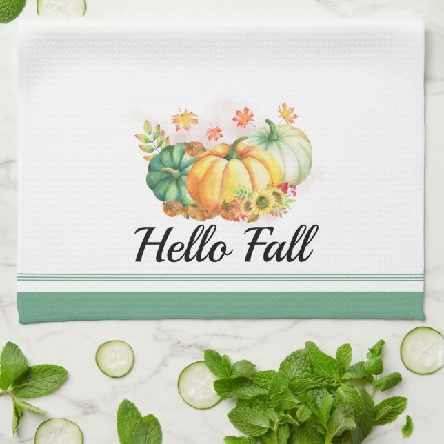 Hej Fall Watercolor Pumpkins Thanksgiving Kökshandduk (Vikta)