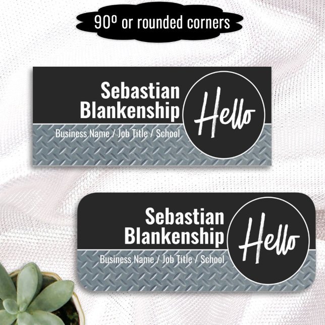 Hej Faux Diamond Plate Professional Namnbricka (It's easy to personalize this diamond plate name tag design for you, your club, business or school.)