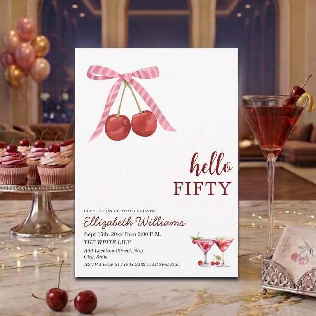 Hej Femtio Cherry Martini Födelsedagsfest Inbjudningar (Skapare uppladdad)