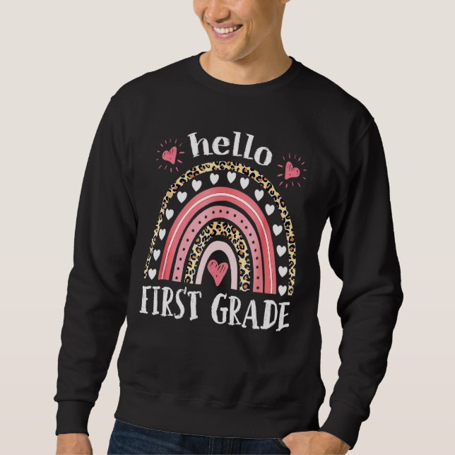 Hej First Klass Leopard Rainbow Teacher tillbaka t Lång Ärmad Tröja (Framsida)