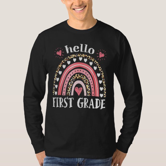 Hej First Klass Leopard Rainbow Teacher tillbaka t Shirt (Framsida)