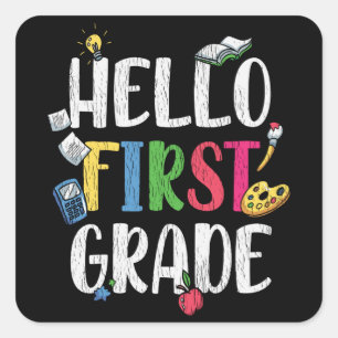 Hej First Klass School Lacher Kids Back School Fyrkantigt Klistermärke