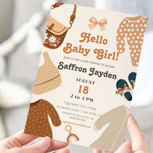 Hej Flicka Clothes Retro Earthy Baby Shower Inbjudningar