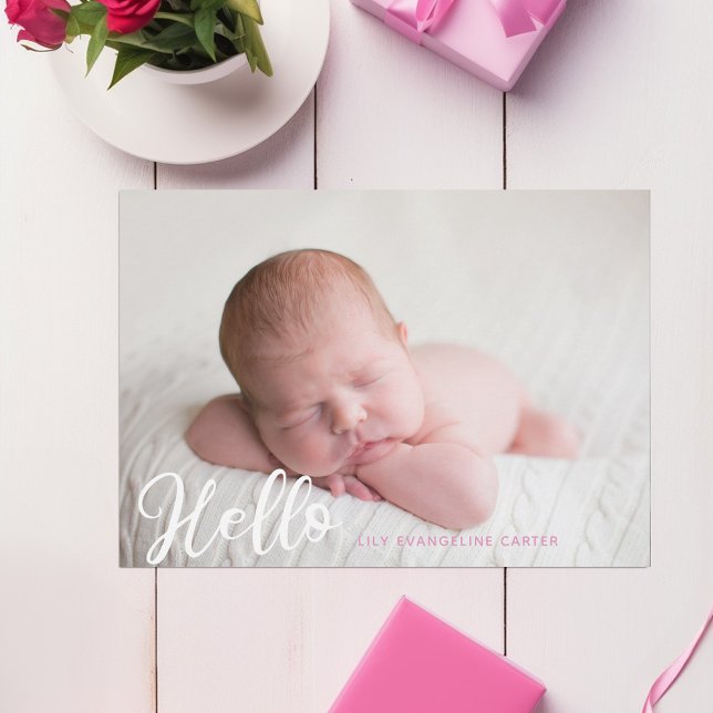 Hej Flicka Photo Simple Script Rosa Birth Meddelande (Skapare uppladdad)