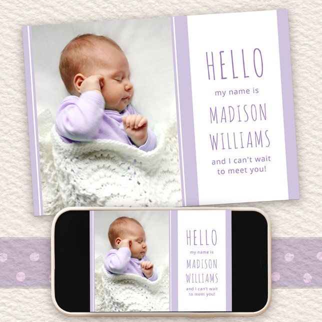 Hej Flicka Photo Sweet Lilac Birth Meddelande (Hello Baby Birth Announcement with message on the back)
