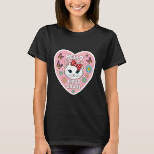 Hej Första Klass 1:a Klass Flicka Kattunge Katt Ba T Shirt