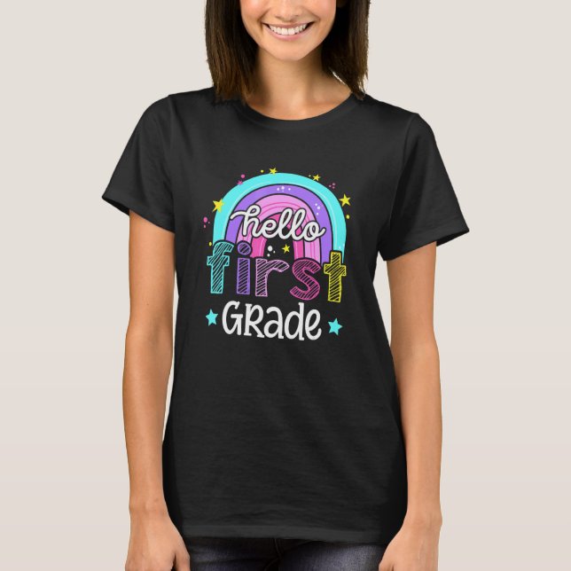 Hej Första Klass Lärare Boho Regnbåge Första Skold T Shirt (Framsida)