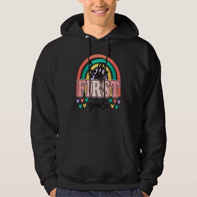 Hej Första Klass Regnbåge Groovy Första Klassare T Hoodie (Framsida)