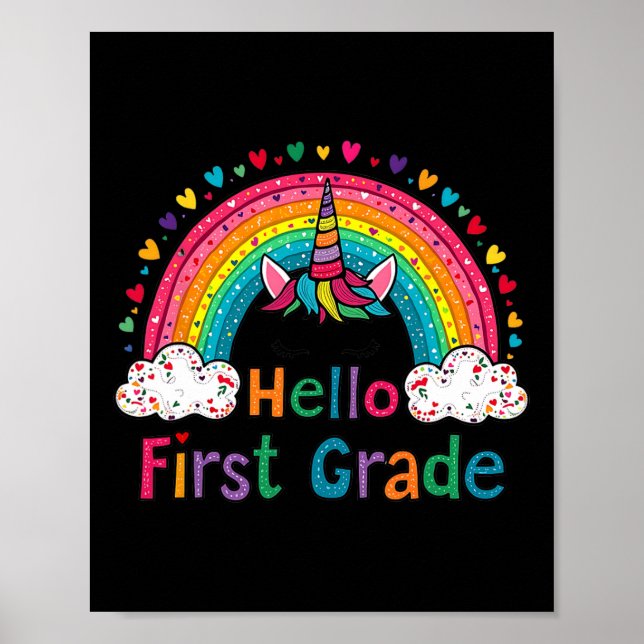 Hej Första Klass Regnbåge Söt Enhörning Lärare Bar Poster (Framsidan)