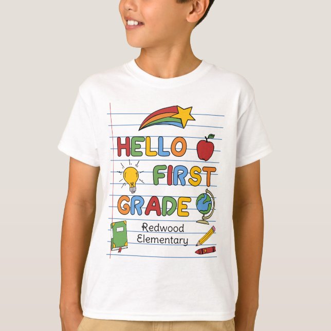 Hej Första Klass Skolpapper Linjer & Klotter T Shirt (Framsida)