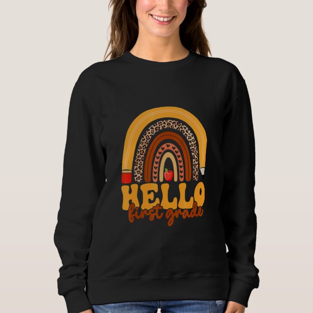 Hej Första Klass Söt Lärare Leopard Regnbåge 1:a T Shirt (Framsida)