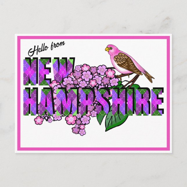 Hej från New Hampshire Purple Finch & Lilacs Vykort (Framsida)