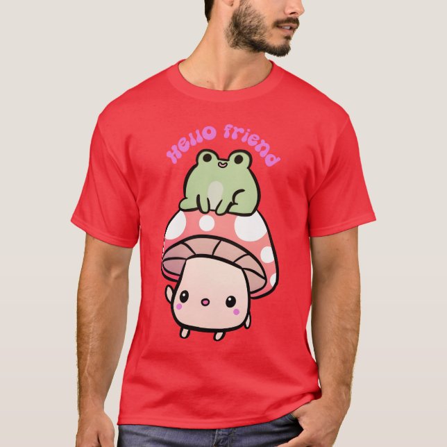 Hej Friend a Cute Mushroom and Frog Friends frie T Shirt (Framsida)