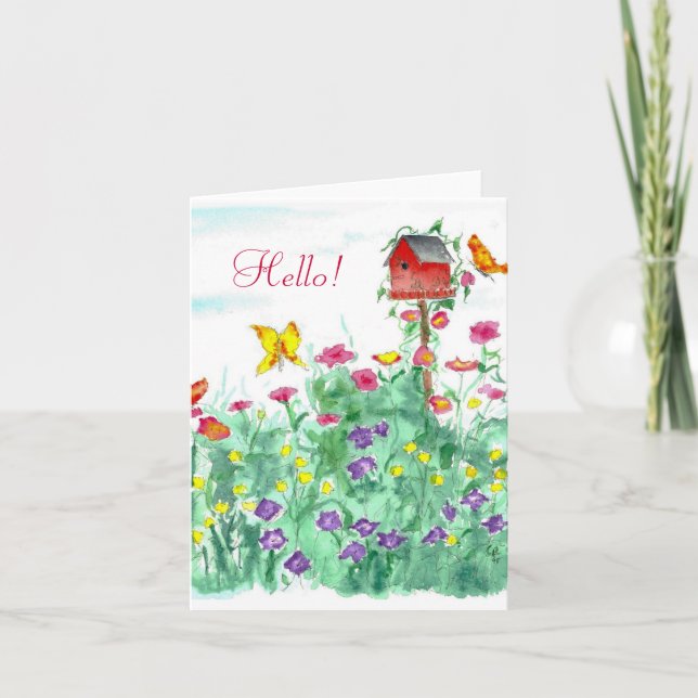 Hej Friend Red Birdhouse Butterfly Flower Kort (Framsida)