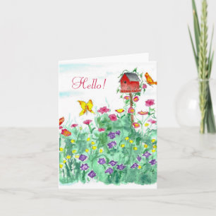 Hej Friend Red Birdhouse Butterfly Flower Kort