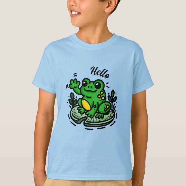 Hej | Frog på Lily Pad Hand plockade T Shirt (Framsida)
