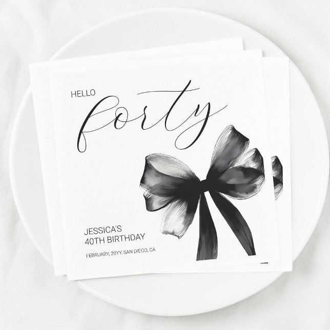 Hej fyrtio Elegant Skript Band 40-års födelsedagsf Pappersservett (Hello Forty Elegant Script Bow 40th Birthday Party Napkins)