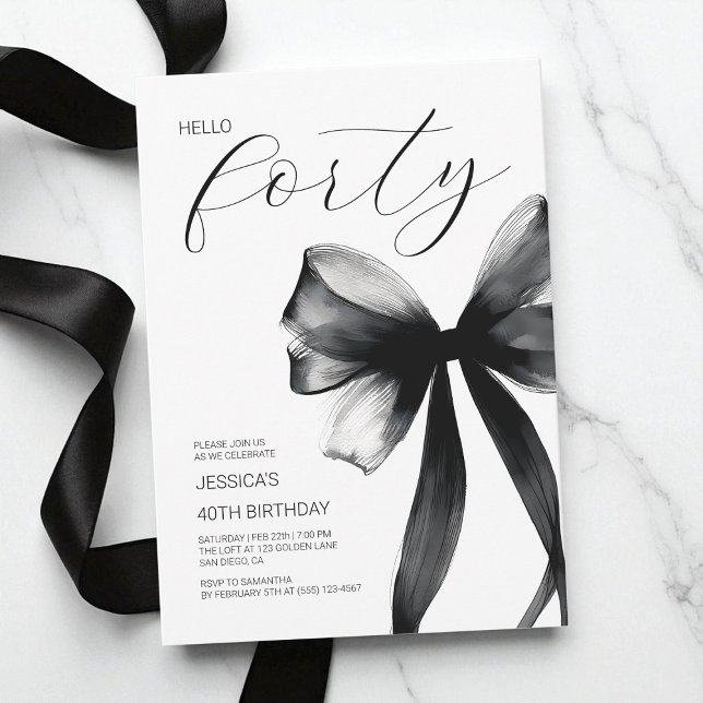 Hej fyrtio Elegant Skript Bow 40-årsfirande Inbjudningar (Hello Forty Elegant Script Bow 40th Birthday Party Invitation)