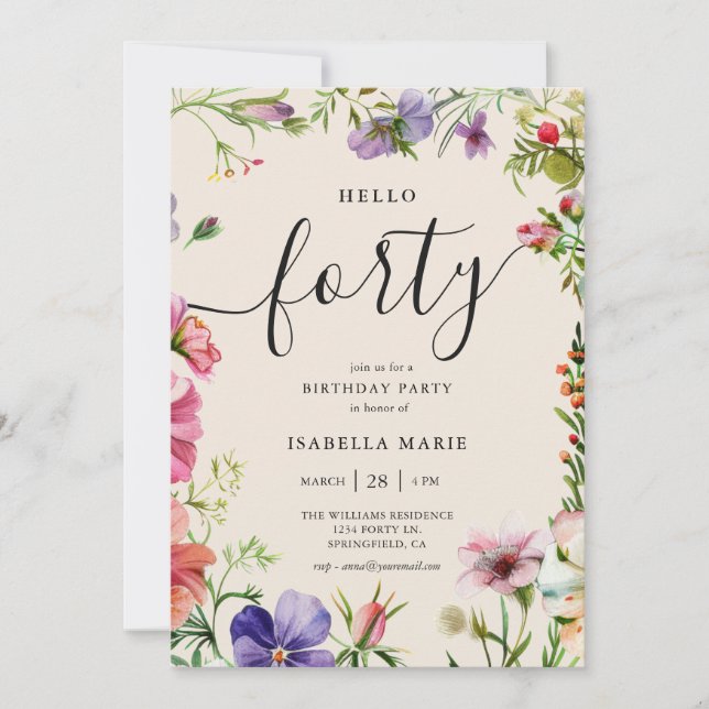 Hej Fyrtio Vacker Blommig 40-årsdag Inbjudningar (Framsida)
