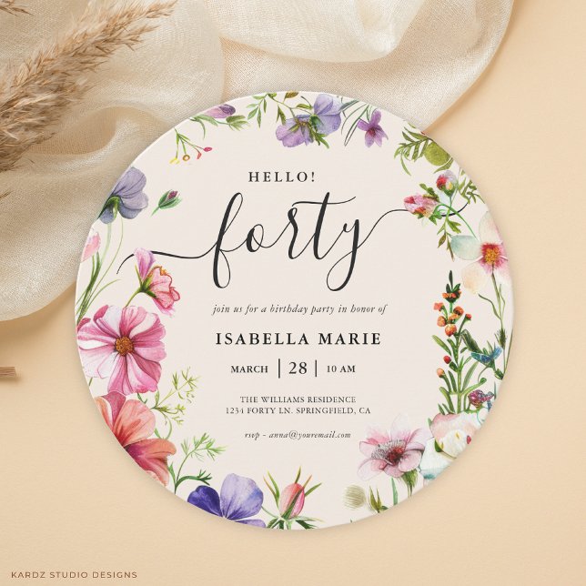 Hej Fyrtio Vacker Blommig 40-årsdag Inbjudningar (Invitation shown in a round shape, choose size and corner style.)