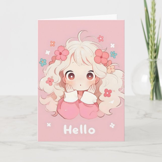 Hej Girl Chibi Anime Helgkort (Framsida)