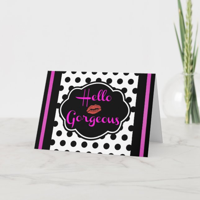 Hej Gorgous Black White Polka Dot Shock rosa Helgkort (Framsida)