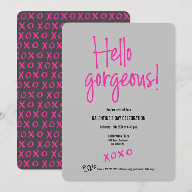 Hej gorgous Galentine's Day xoxo rosa grått Inbjudningar (Fram/baksida)