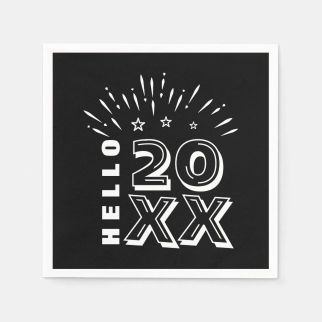 Hej Gott nytt år Fireworks Black White Stars Pappersservett (Framsidan)