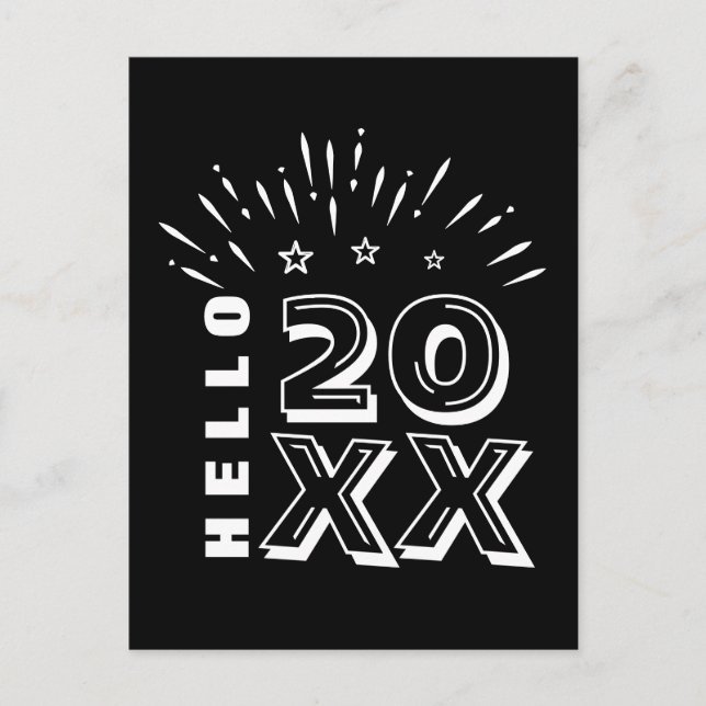 Hej Gott nytt år Fireworks Black White Stars Vykort (Framsida)