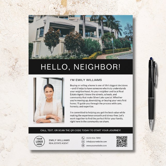Hej granne Fastighetsmarknadsföringsfolder Reklamblad (Hello Neighbor Real Estate Marketing Flyer)