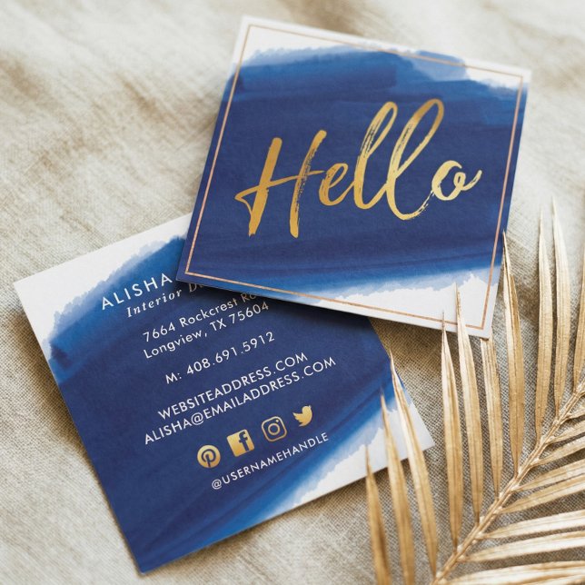 Hej Guld-skript | Vattenfärgspenseldrag Fyrkantigt Visitkort (Hello Gold Script | Navy Watercolor Brush Stroke Square Business Card)