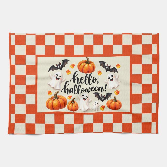 Hej Halloween Spöken Fladdermöss Pumpa Rutig Fläck Kökshandduk (Horisontell)