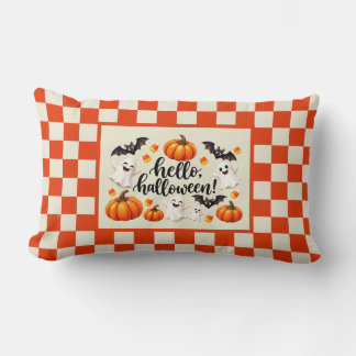 Hej Halloween Spöken Fladdermöss Pumpa Rutig Fläta Lumbarkudde